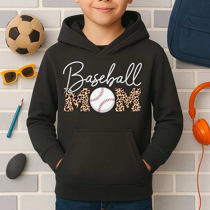 Baseball Mom - Leopard Print Cursive Script Kids Hoodie