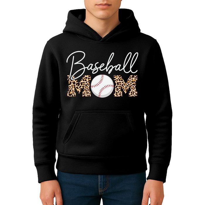 Baseball Mom - Leopard Print Cursive Script Kids Hoodie
