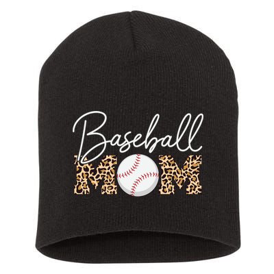 Baseball Mom - Leopard Print Cursive Script Short Acrylic Beanie