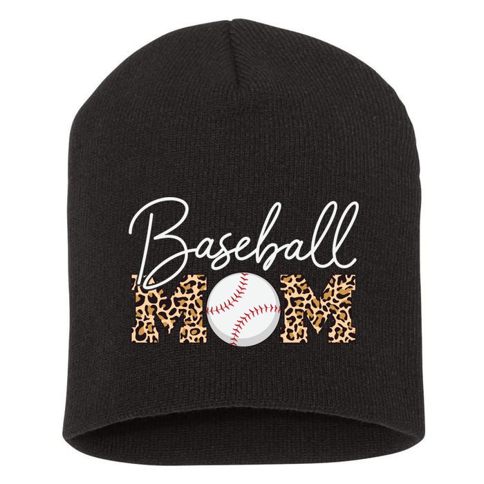 Baseball Mom - Leopard Print Cursive Script Short Acrylic Beanie