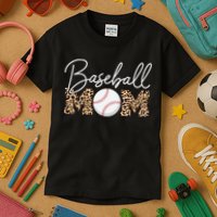 Baseball Mom - Leopard Print Cursive Script Kids T-Shirt