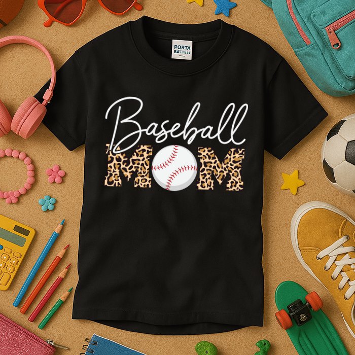 Baseball Mom - Leopard Print Cursive Script Kids T-Shirt