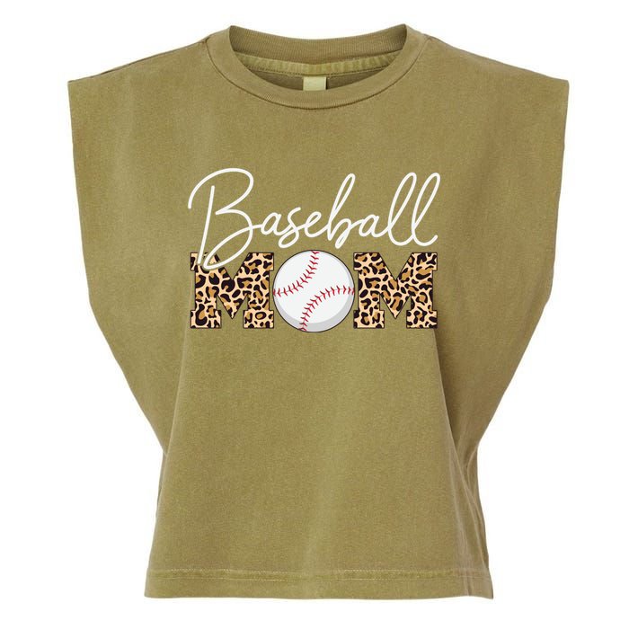 Baseball Mom - Leopard Print Cursive Script Garment-Dyed Women's Muscle Tee