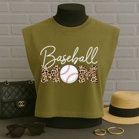 Baseball Mom - Leopard Print Cursive Script Garment-Dyed Women's Muscle Tee