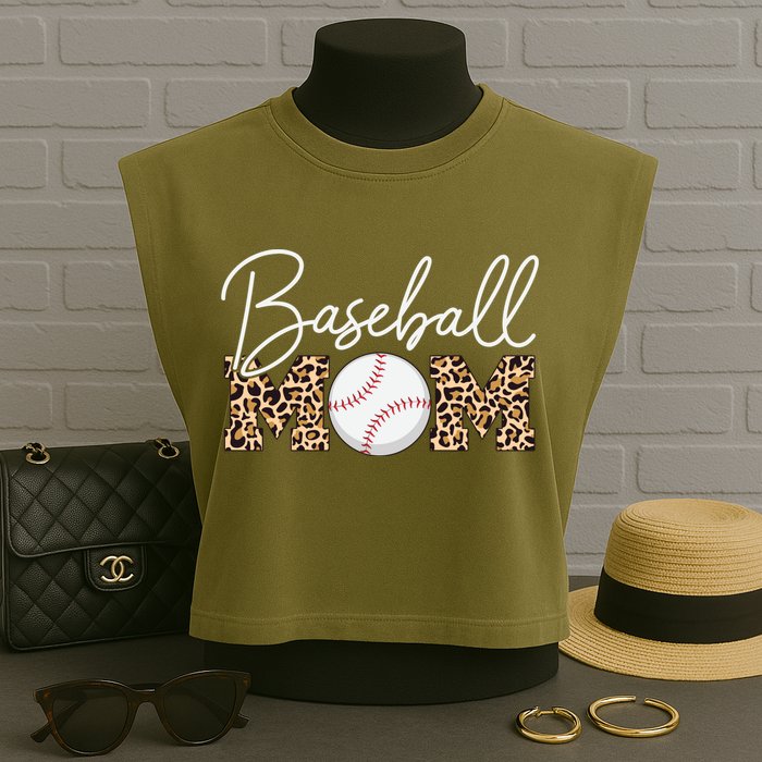 Baseball Mom - Leopard Print Cursive Script Garment-Dyed Women's Muscle Tee