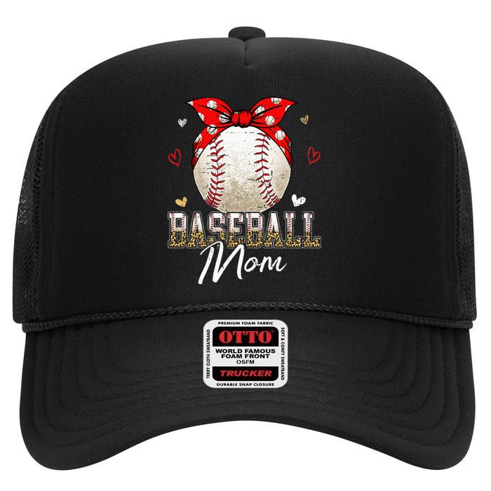 Baseball Mom Leopard Messy Bun Game Day Mothers Day High Crown Mesh Back Trucker Hat