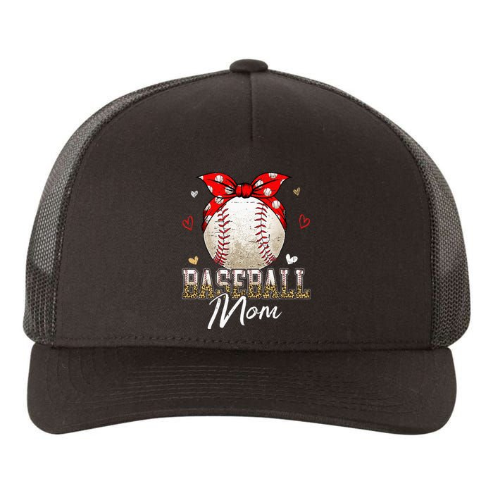 Baseball Mom Leopard Messy Bun Game Day Mothers Day Yupoong Adult 5-Panel Trucker Hat