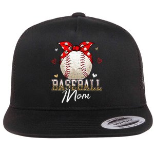 Baseball Mom Leopard Messy Bun Game Day Mothers Day Flat Bill Trucker Hat