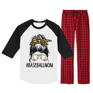 Baseball Mom Leopard Messy Bun Mother's Day Raglan Sleeve Pajama Set