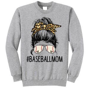 Baseball Mom Leopard Messy Bun Mother's Day Tall Sweatshirt