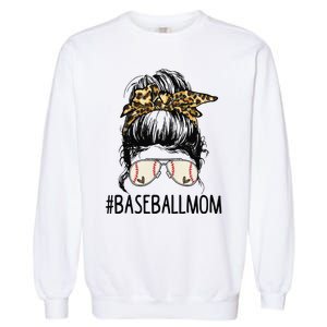 Baseball Mom Leopard Messy Bun Mother's Day Garment-Dyed Sweatshirt