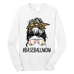 Baseball Mom Leopard Messy Bun Mother's Day Long Sleeve Shirt