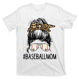 Baseball Mom Leopard Messy Bun Mother's Day T-Shirt