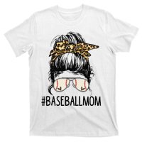 Baseball Mom Leopard Messy Bun Mother's Day T-Shirt