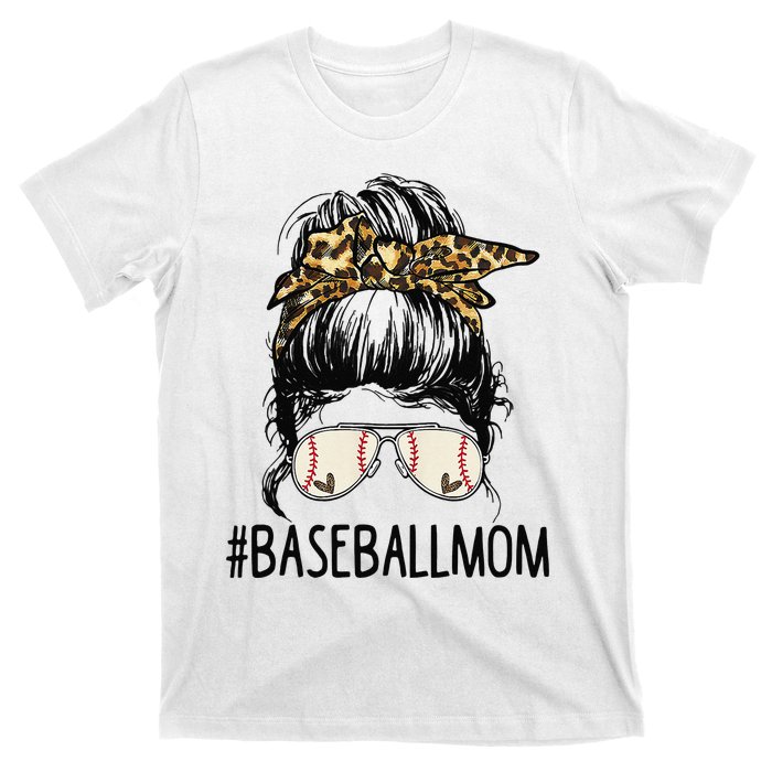 Baseball Mom Leopard Messy Bun Mother's Day T-Shirt