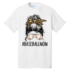 Baseball Mom Leopard Messy Bun Mother's Day Tall T-Shirt