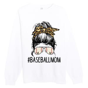 Baseball Mom Leopard Messy Bun Mother's Day Premium Crewneck Sweatshirt