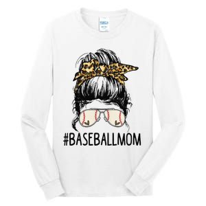 Baseball Mom Leopard Messy Bun Mother's Day Tall Long Sleeve T-Shirt