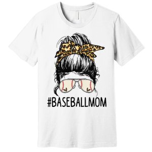 Baseball Mom Leopard Messy Bun Mother's Day Premium T-Shirt