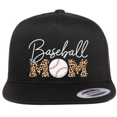 Baseball Mom Leopard Print Cursive Script Funny Gift Flat Bill Trucker Hat