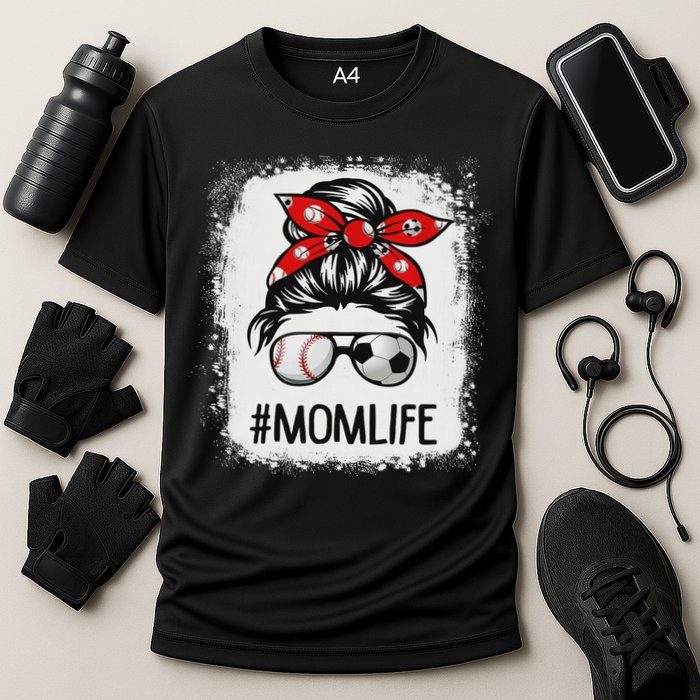 Bleached Mom Life Soccer Messy Bun Baseball Game Day Cooling Performance Crew T-Shirt