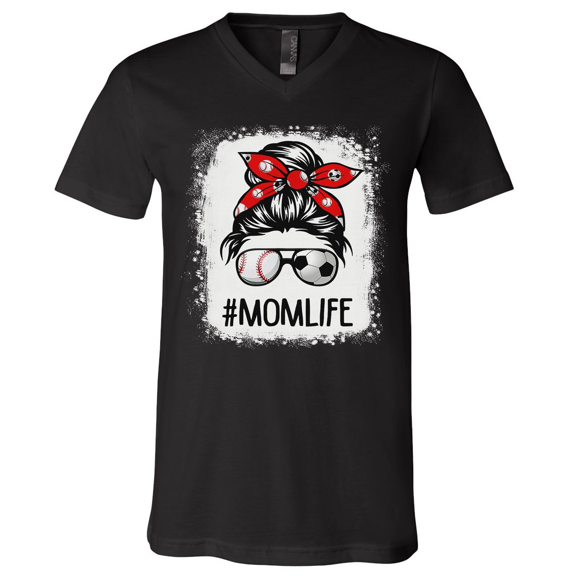 Bleached Mom Life Soccer Messy Bun Baseball Game Day V-Neck T-Shirt