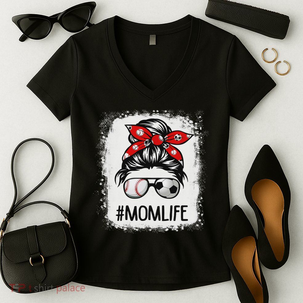 Bleached Mom Life Soccer Messy Bun Baseball Game Day Women's V-Neck T-Shirt