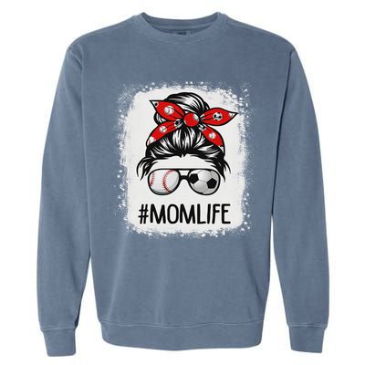 Bleached Mom Life Soccer Messy Bun Baseball Game Day Garment-Dyed Sweatshirt
