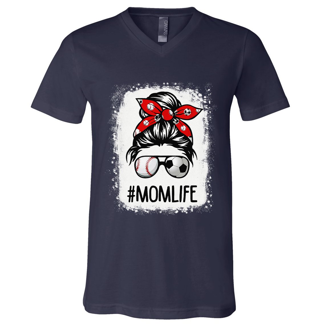 Bleached Mom Life Soccer Messy Bun Baseball Game Day V-Neck T-Shirt