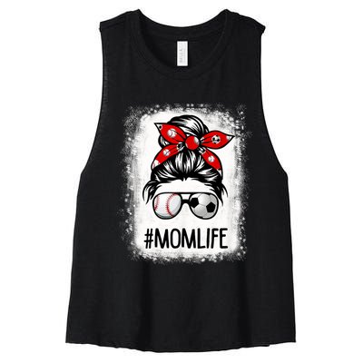 Bleached Mom Life Soccer Messy Bun Baseball Game Day Women's Racerback Cropped Tank