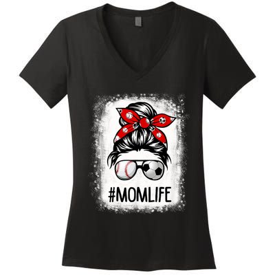 Bleached Mom Life Soccer Messy Bun Baseball Game Day Women's V-Neck T-Shirt