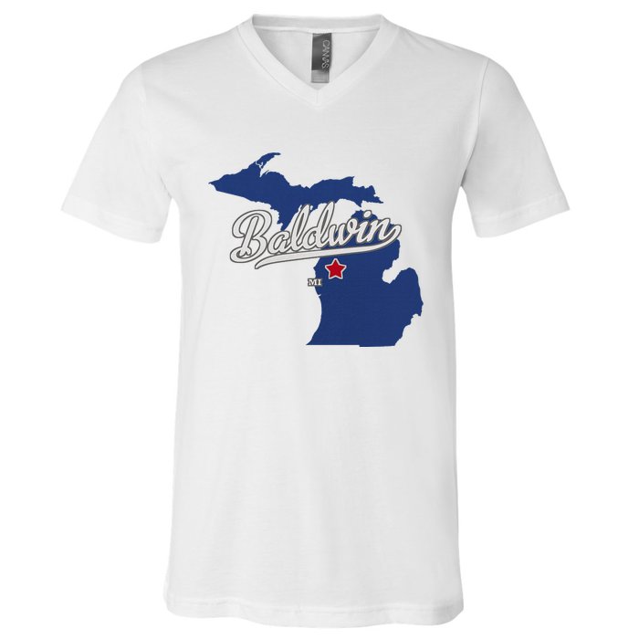 Baldwin Michigan Lake County Mi Map V-Neck T-Shirt