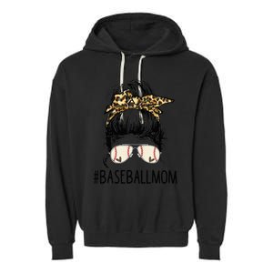 Baseball Mom Leopard Messy Bun Mother's Day Garment-Dyed Fleece Hoodie