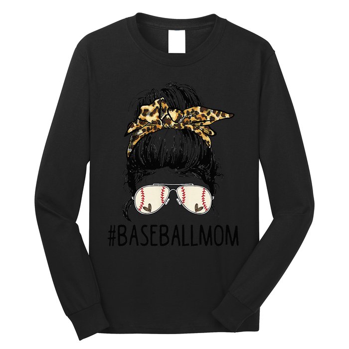 Baseball Mom Leopard Messy Bun Mother's Day Long Sleeve Shirt