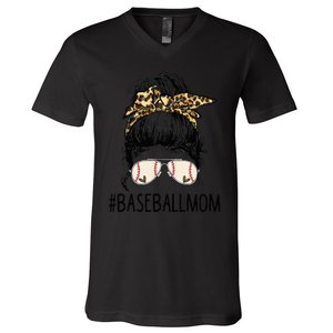 Baseball Mom Leopard Messy Bun Mother's Day V-Neck T-Shirt