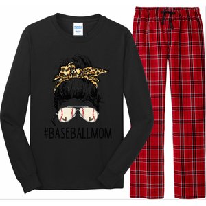 Baseball Mom Leopard Messy Bun Mother's Day Long Sleeve Pajama Set