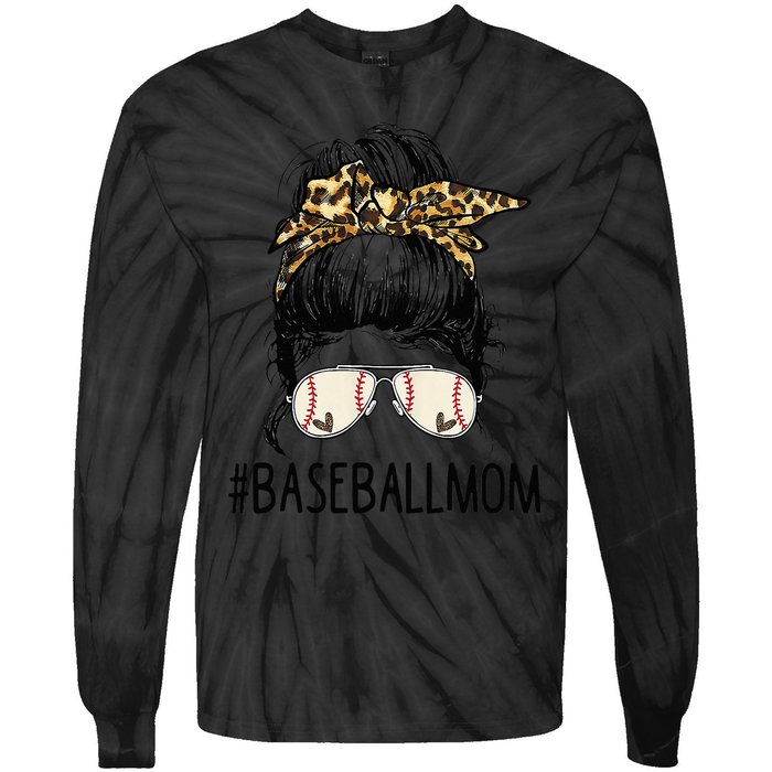 Baseball Mom Leopard Messy Bun Mother's Day Tie-Dye Long Sleeve Shirt