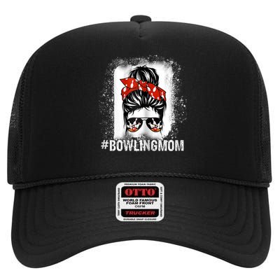 Bowling Mom Messy Bun Bleached Mother's Day Gift Tee High Crown Mesh Back Trucker Hat