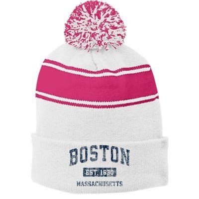 Boston Massachusetts Ma Vintage Sports Design Stripe Pom Pom Beanie