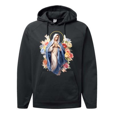 Blessed Mother Mary Mother Of Jesus Roses Our Lady Catholic Performance Fleece Hoodie