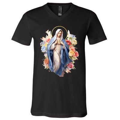 Blessed Mother Mary Mother Of Jesus Roses Our Lady Catholic V-Neck T-Shirt