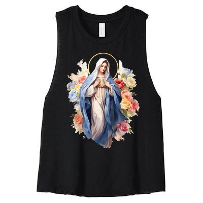 Blessed Mother Mary Mother Of Jesus Roses Our Lady Catholic Women's Racerback Cropped Tank