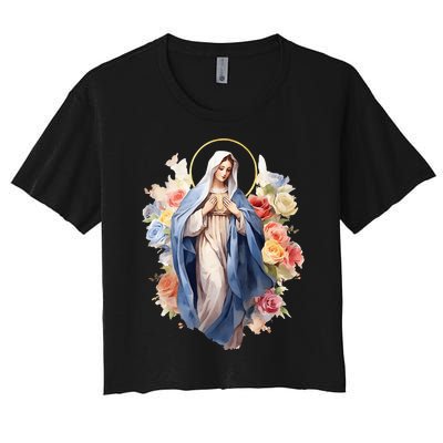 Blessed Mother Mary Mother Of Jesus Roses Our Lady Catholic Women's Crop Top Tee