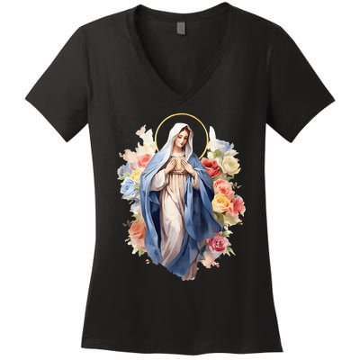 Blessed Mother Mary Mother Of Jesus Roses Our Lady Catholic Women's V-Neck T-Shirt