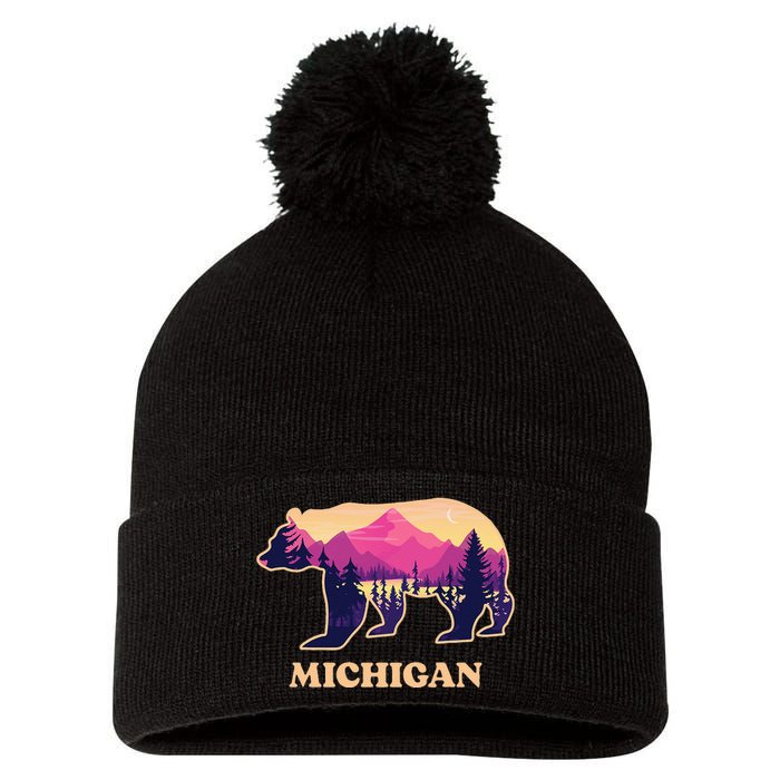 Bear Michigan Mi Vintage Retro Mountains Graphic Souvenirs Pom Pom 12in Knit Beanie