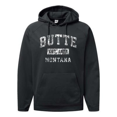 Butte Montana Mt Vintage Established Sports Performance Fleece Hoodie