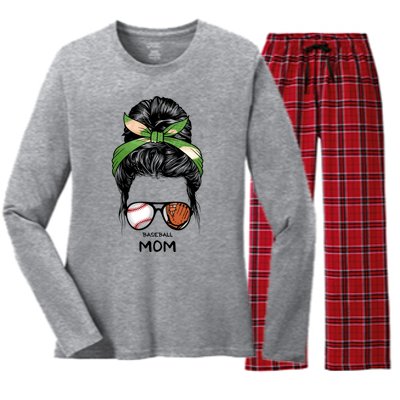 Baseball Mom Messy Bun Mom Life Mother's Day Women's Long Sleeve Flannel Pajama Set 