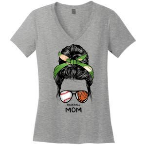 Baseball Mom Messy Bun Mom Life Mother's Day Women's V-Neck T-Shirt