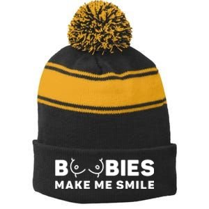 Boobies Make Me Smile Funny Adult Humor Stripe Pom Pom Beanie