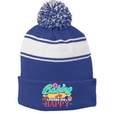 Baking Makes Me Happy Bakers Funny Funny Gift Stripe Pom Pom Beanie